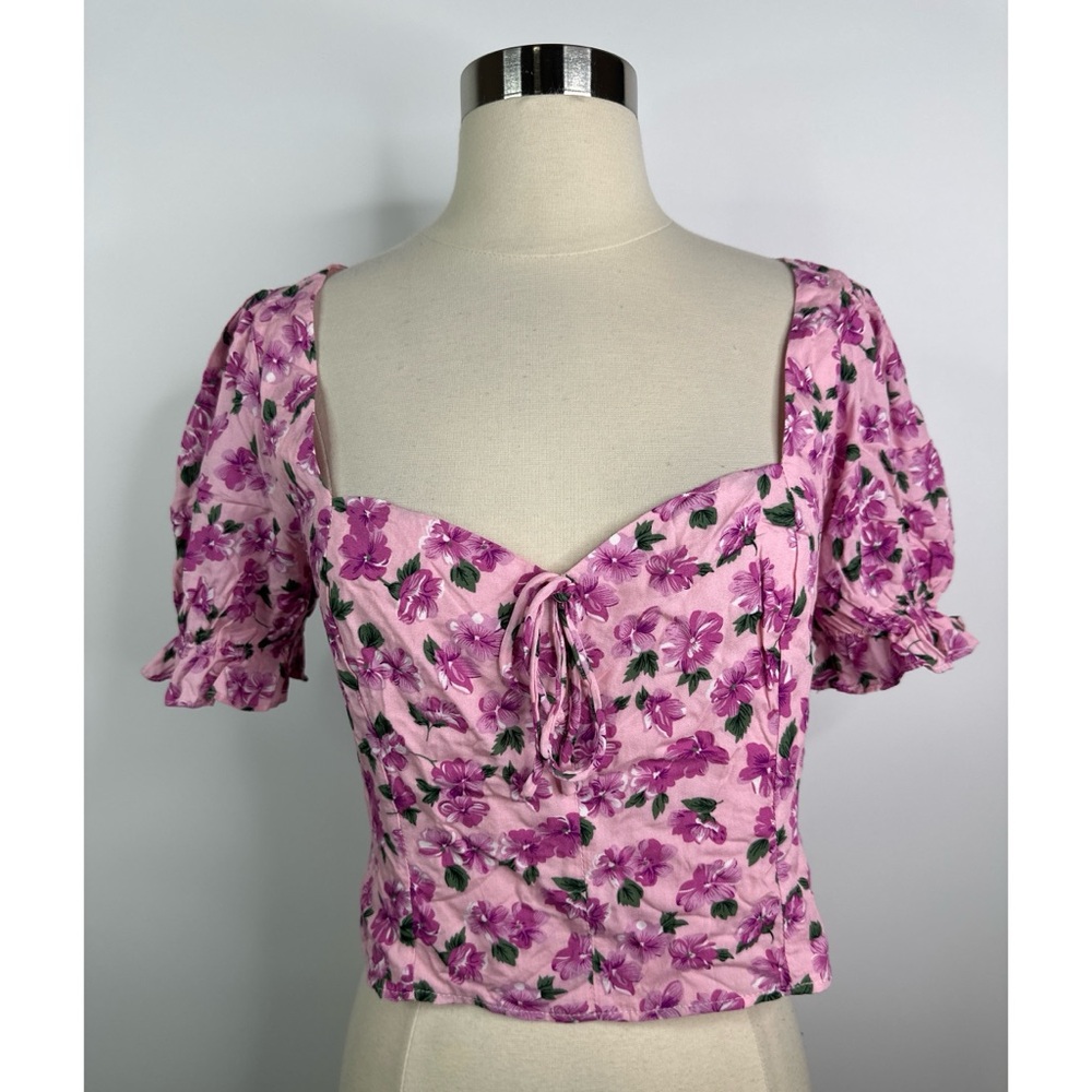 Fairy floral smocked back puffed sleeves open back sweat heart top